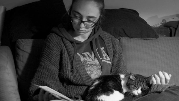 Mulher sentada no sofá com livro e gato no colo